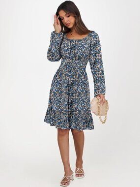 Women's Blue And White Long Lantern Sleeve Ruffle Flowy Swing A-Line Short Dress